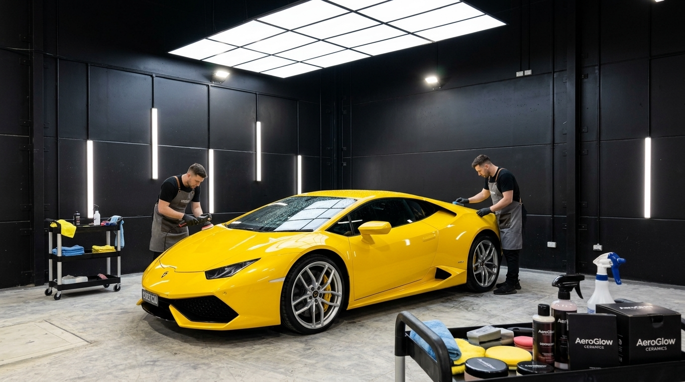 Yellow Lamborghini Huracán being detailed by two techs