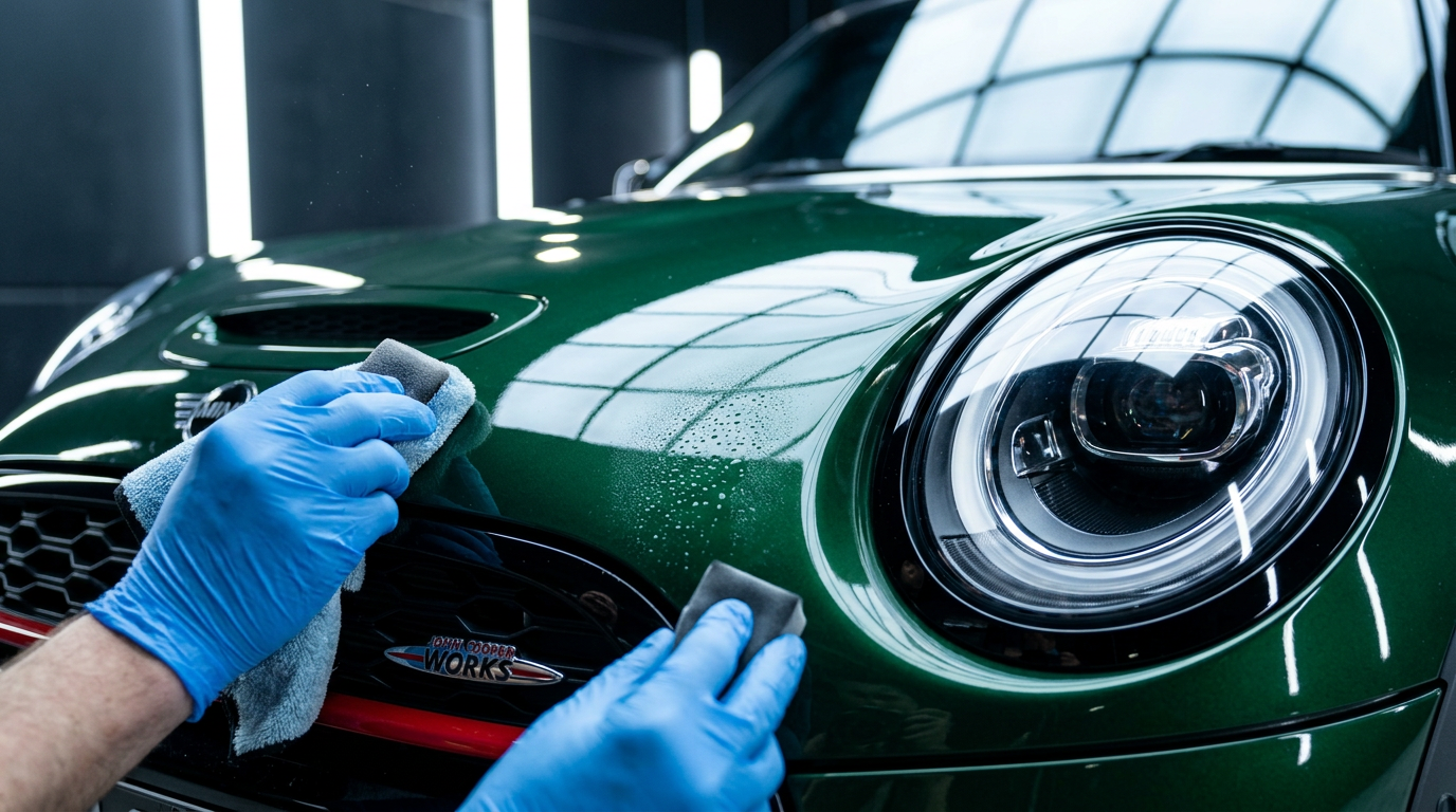 Mini Cooper JCW headlight and bonnet detail